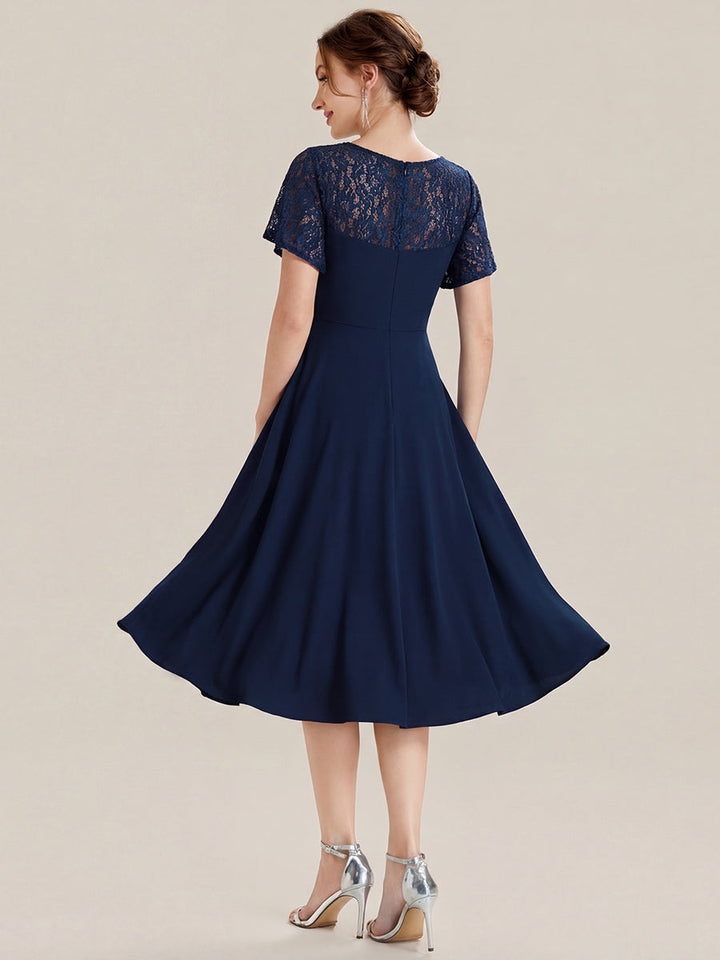ever EVIE|Short Sleeves A-Line Midi Wedding Guest Dress with Pockets