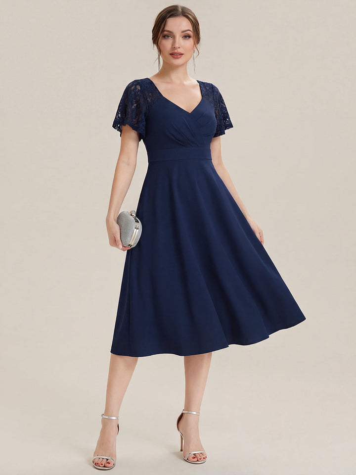 ever EVIE|Short Sleeves A-Line Midi Wedding Guest Dress with Pockets