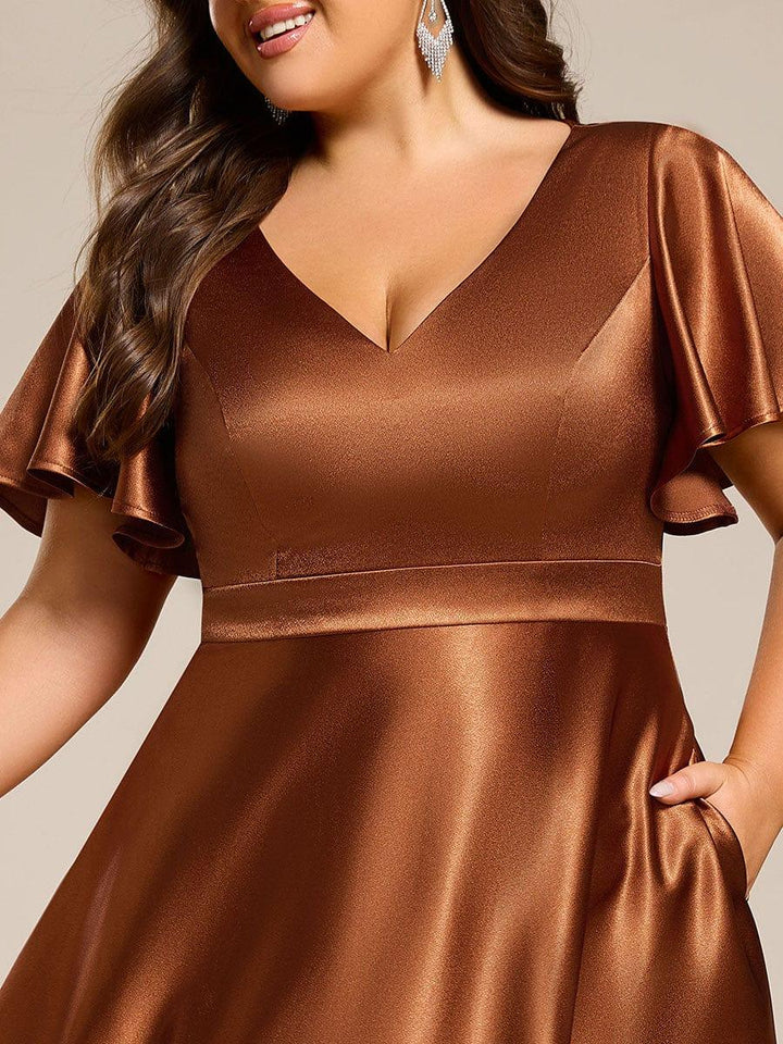 ever SCARLEN|V-neck High-Low Satin Wedding Guest Dress with Pockets