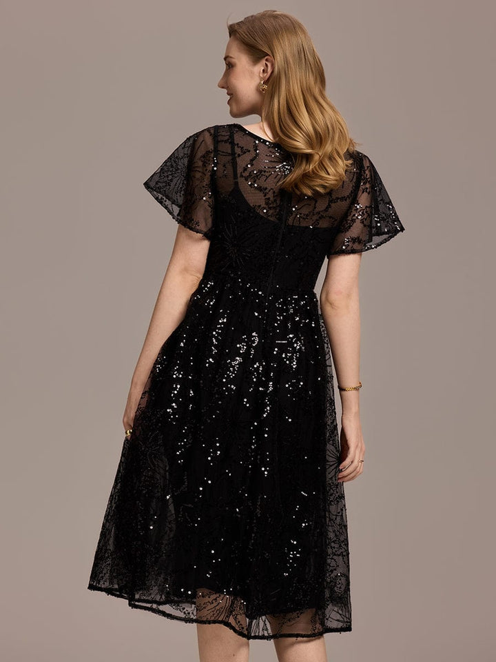 ever ADEL|Sheer Ruffle Sequin Wedding Guest Dress