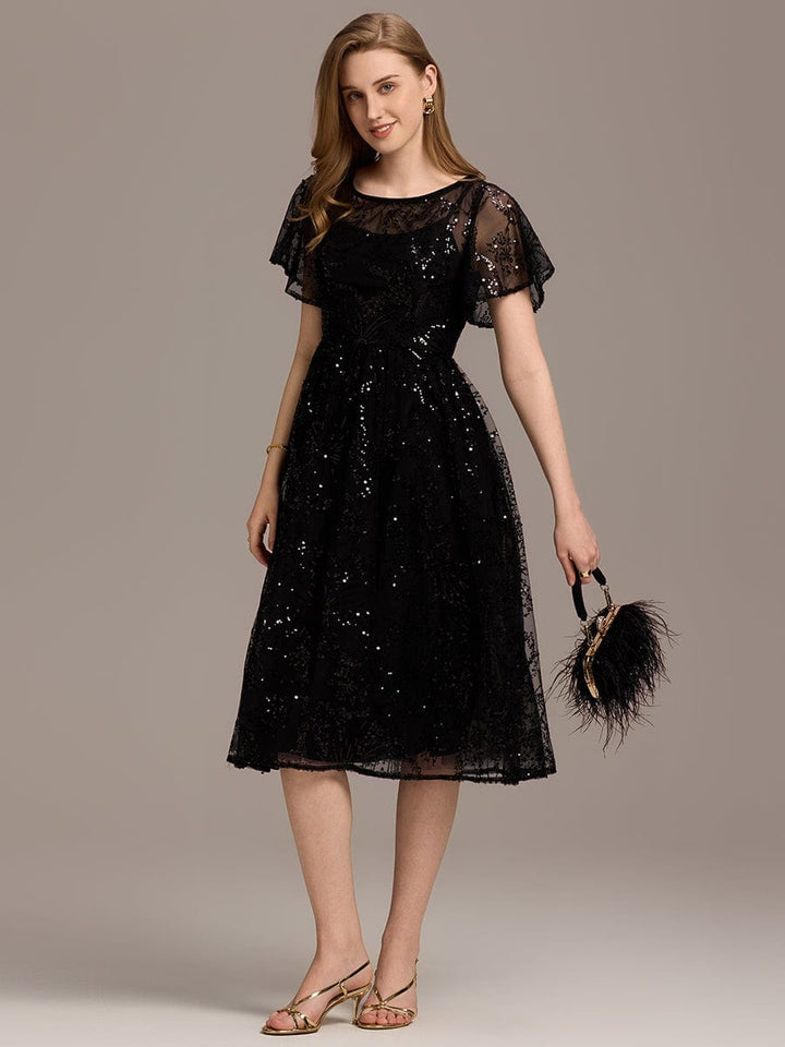 ever ADEL|Sheer Ruffle Sequin Wedding Guest Dress