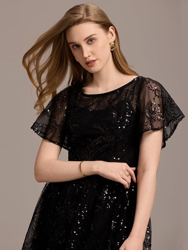 ever ADEL|Sheer Ruffle Sequin Wedding Guest Dress