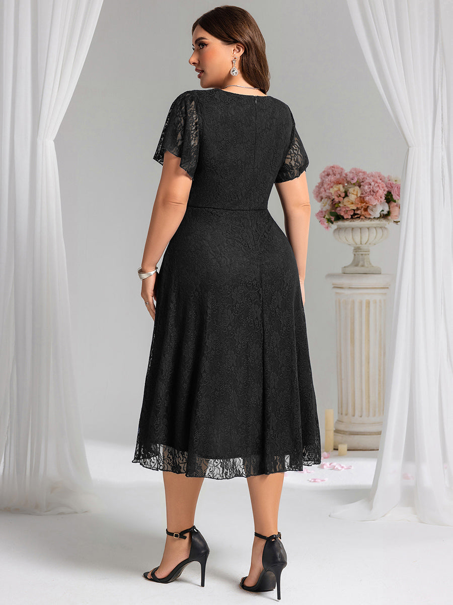 pretty PALOMA|Plus Size Short Sleeves V-Neck A-Line Lace Midi Wedding Guest Dress