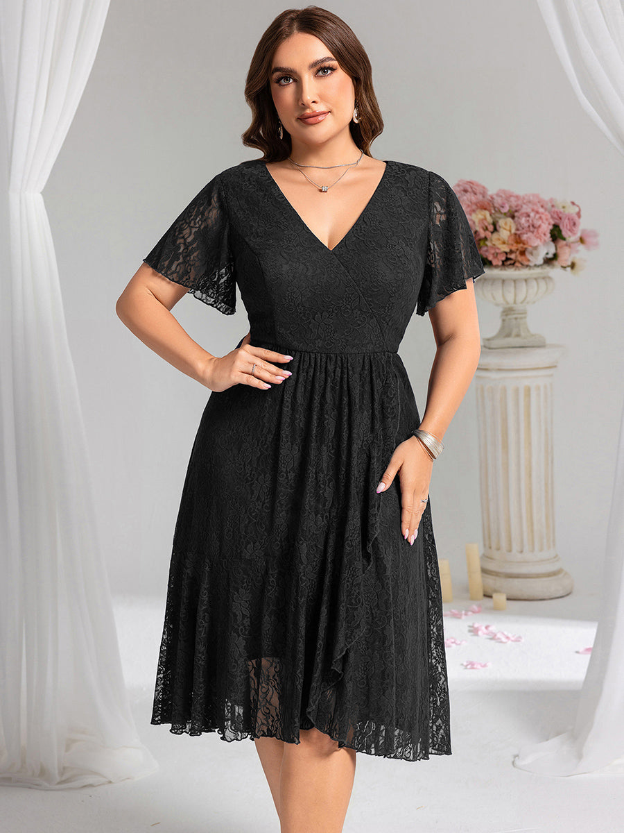 ever PALOMA|Ruffled Short Sleeves V-Neck A-Line Midi Wedding Guest Dress