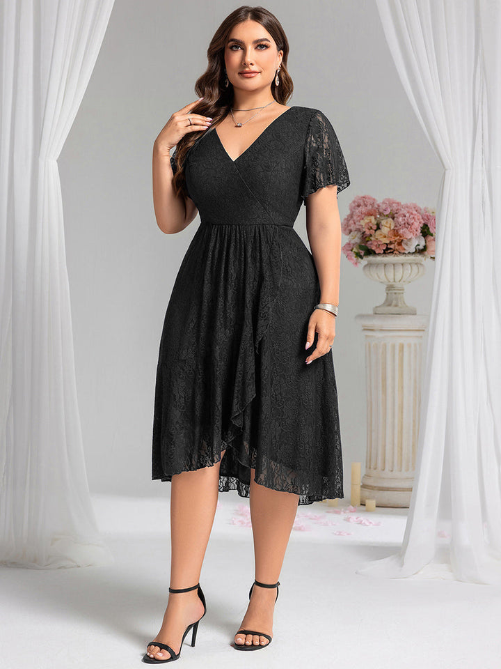pretty PALOMA|Plus Size Short Sleeves V-Neck A-Line Lace Midi Wedding Guest Dress