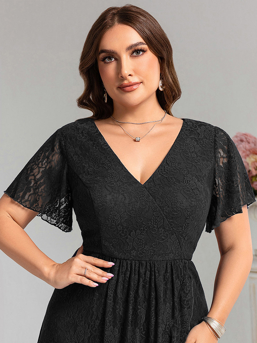 pretty PALOMA|Plus Size Short Sleeves V-Neck A-Line Lace Midi Wedding Guest Dress