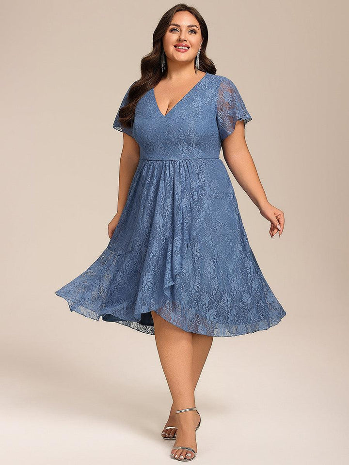 ever PALOMA|Ruffled Short Sleeves V-Neck A-Line Midi Wedding Guest Dress