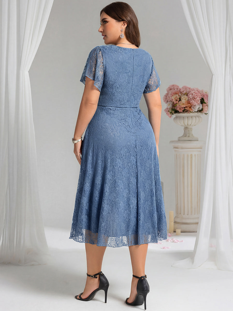 ever PALOMA|Ruffled Short Sleeves V-Neck A-Line Midi Wedding Guest Dress