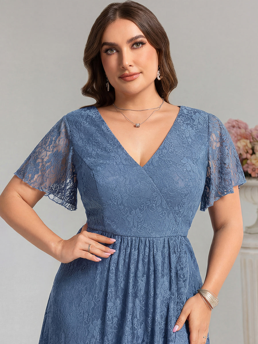 ever PALOMA|Ruffled Short Sleeves V-Neck A-Line Midi Wedding Guest Dress