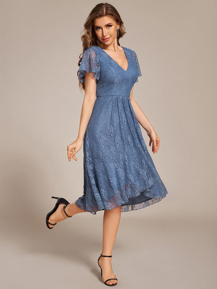 ever PALOMA|Ruffled Short Sleeves V-Neck A-Line Midi Wedding Guest Dress