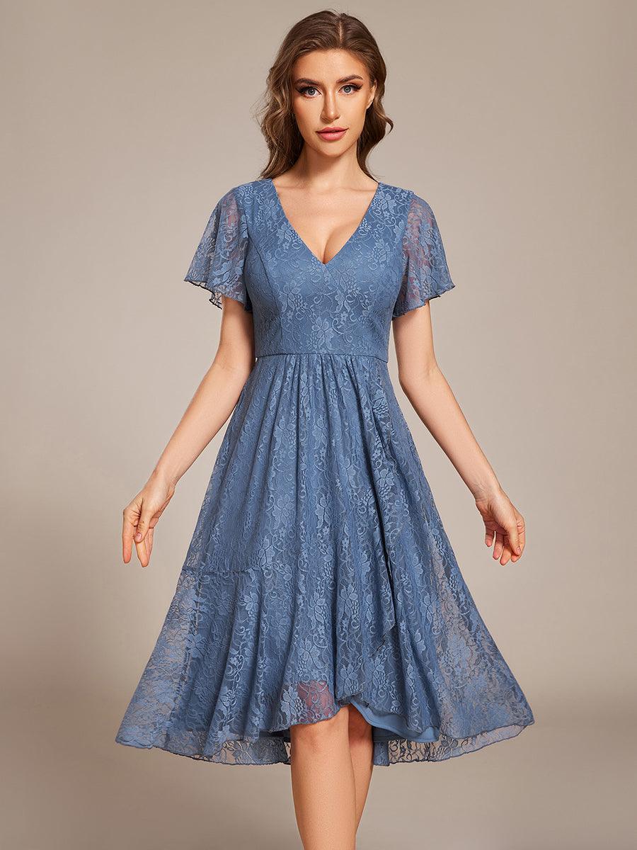 ever PALOMA|Ruffled Short Sleeves V-Neck A-Line Midi Wedding Guest Dress