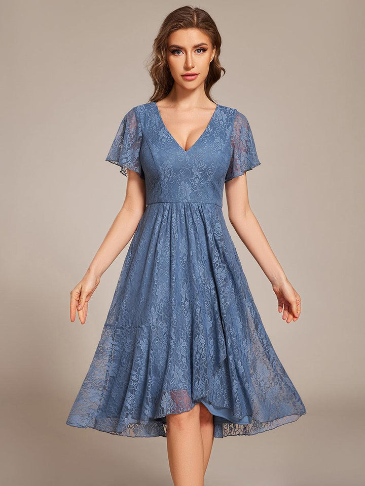 ever PALOMA|Ruffled Short Sleeves V-Neck A-Line Midi Wedding Guest Dress
