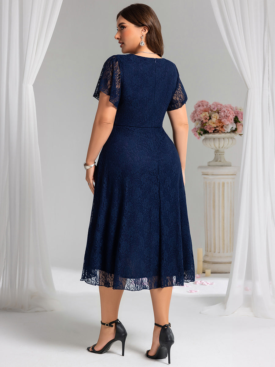 ever PALOMA|Ruffled Short Sleeves V-Neck A-Line Midi Wedding Guest Dress