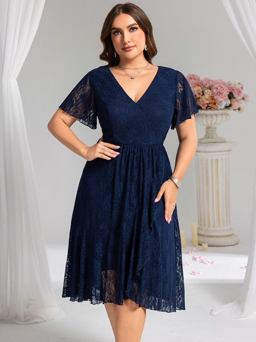 ever PALOMA|Ruffled Short Sleeves V-Neck A-Line Midi Wedding Guest Dress