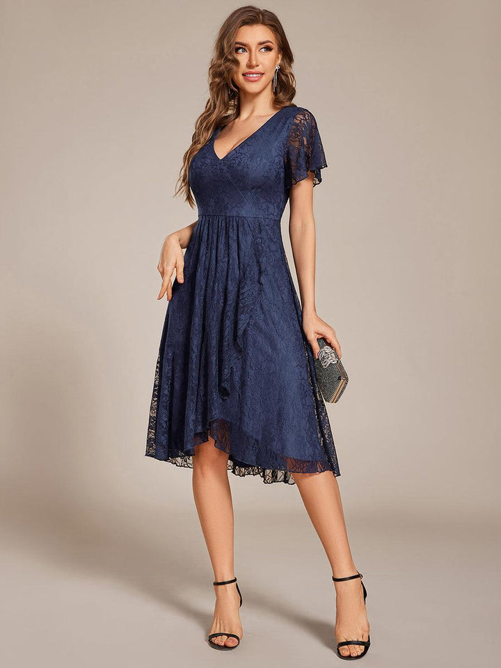 ever PALOMA|Ruffled Short Sleeves V-Neck A-Line Midi Wedding Guest Dress