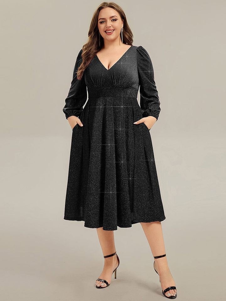 ever GREER| Glitter long Sleeve A-Line Midi Dress With Pocket