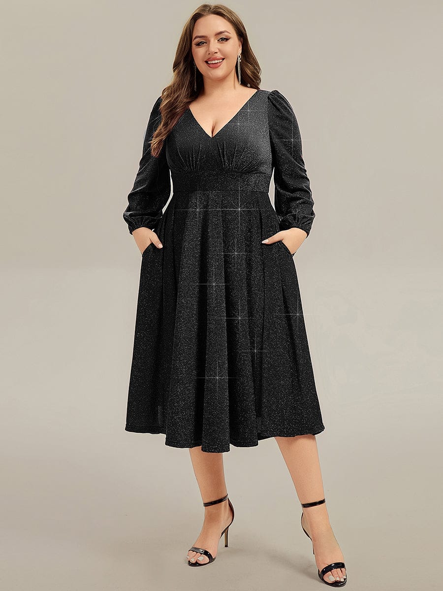 pretty GREER| Plus Size Glitter long Sleeve Midi Dress With Pocket