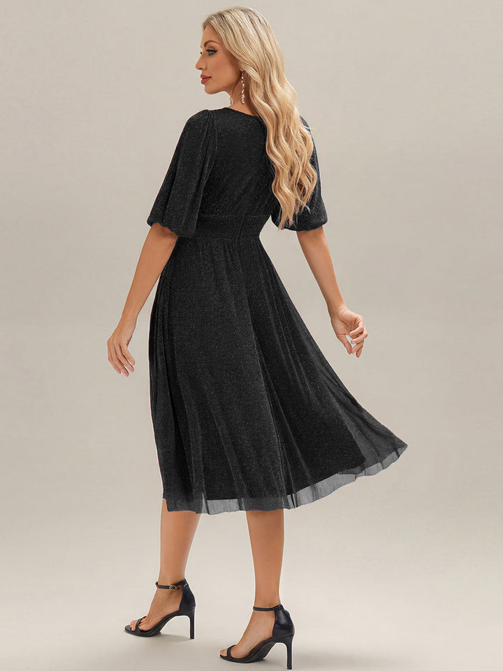 ever MARIS|Shimmery Lantern Sleeve A-Line Wedding Guest Dress