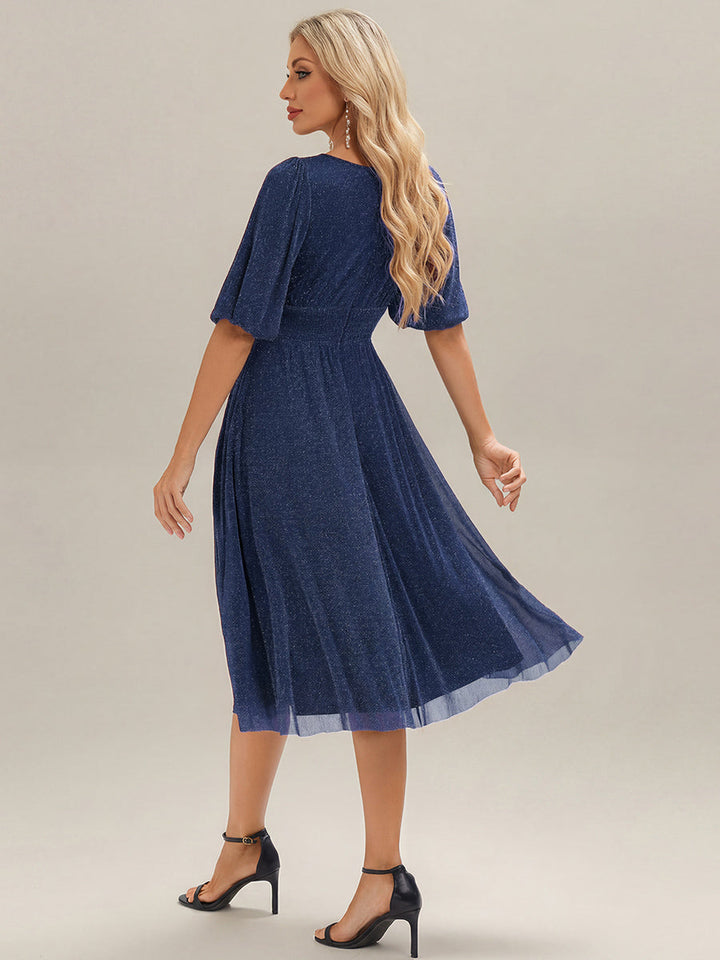 ever MARIS|Shimmery Lantern Sleeve A-Line Wedding Guest Dress