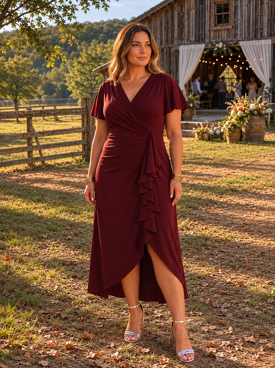 Plus Size Thigh-High Slit Knit Wedding Guest Dress