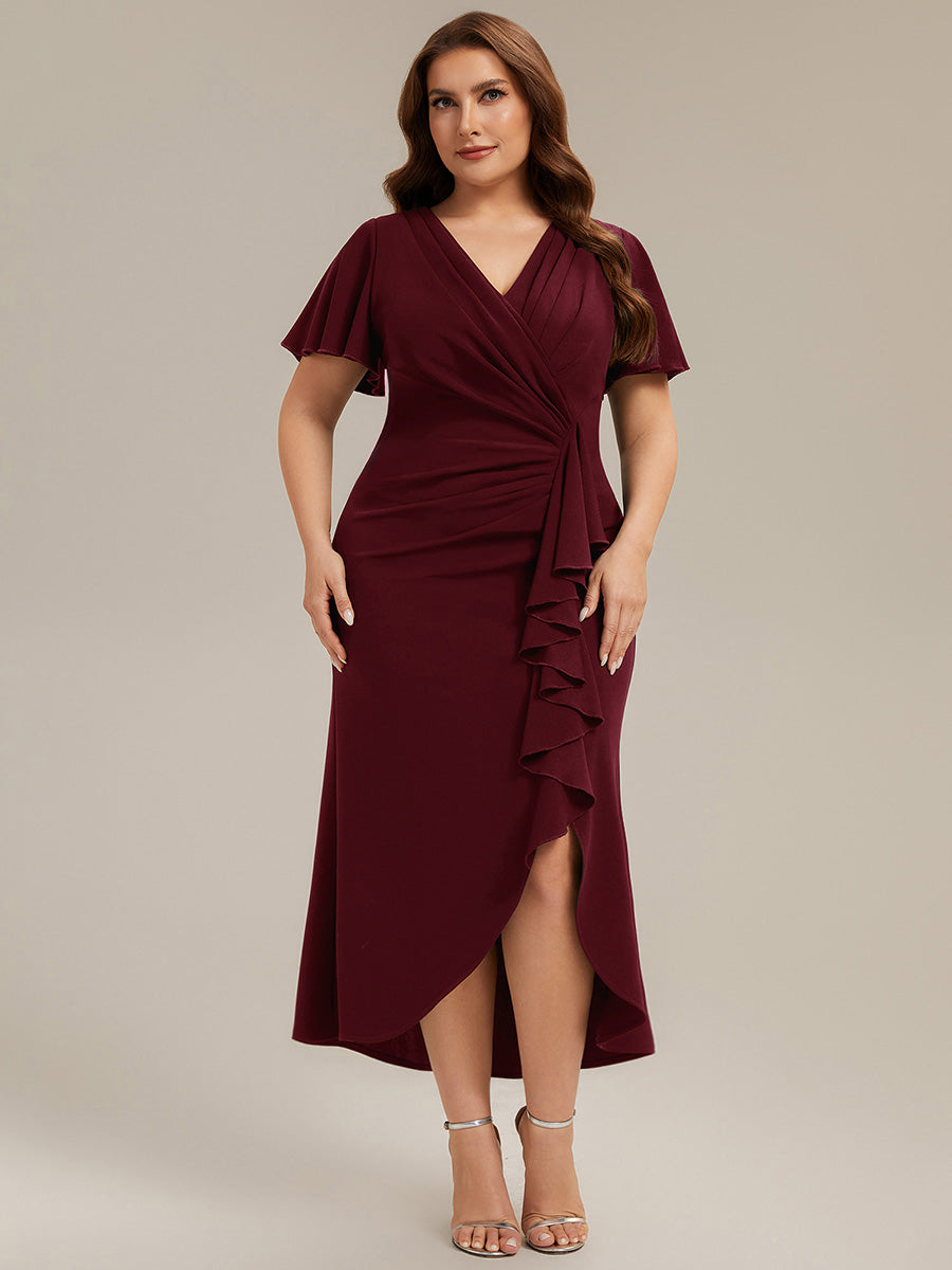 Thigh-High Slit Knit Ruffle Sleeve Wedding Guest Dress