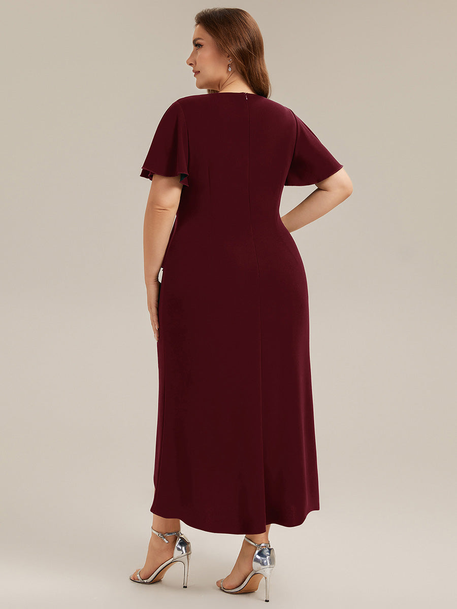 Thigh-High Slit Knit Ruffle Sleeve Wedding Guest Dress