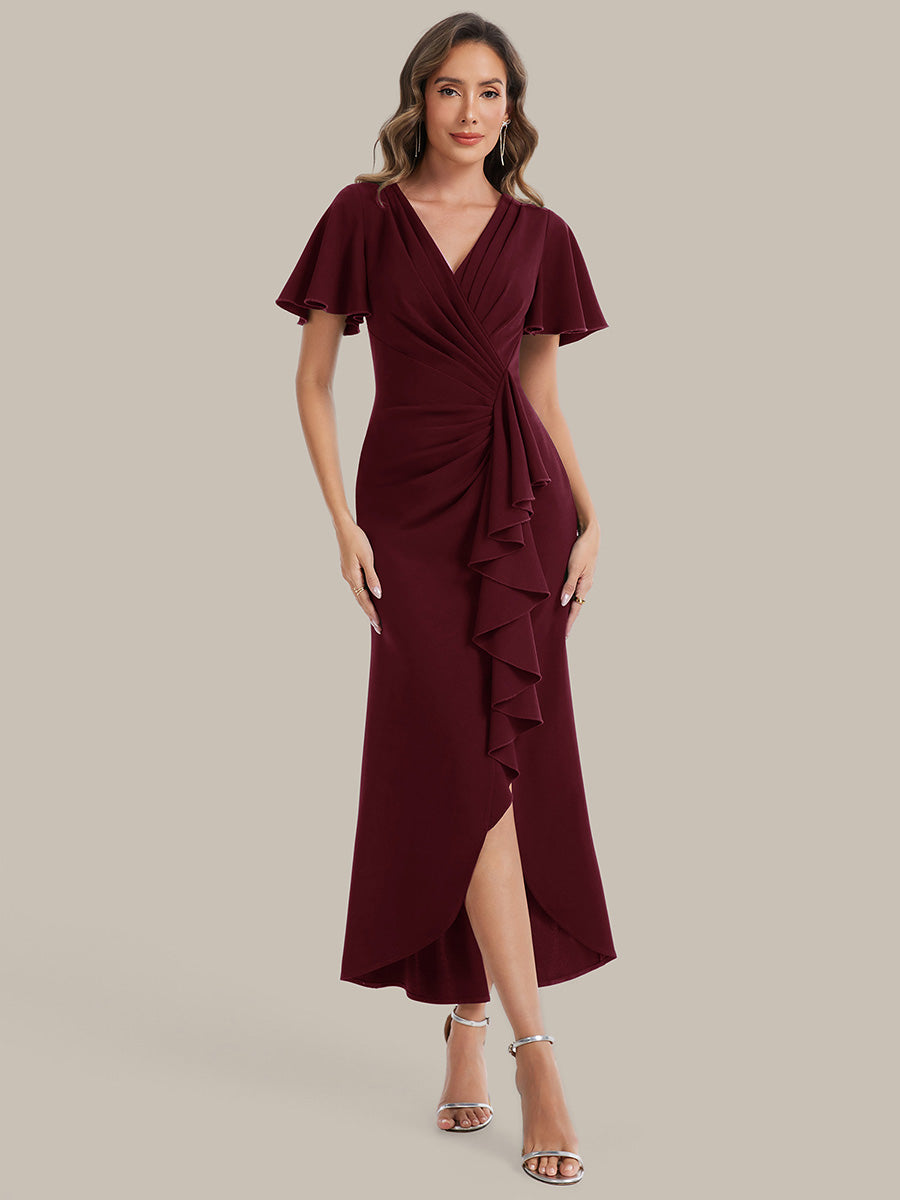 Thigh-High Slit Knit Ruffle Sleeve Wedding Guest Dress