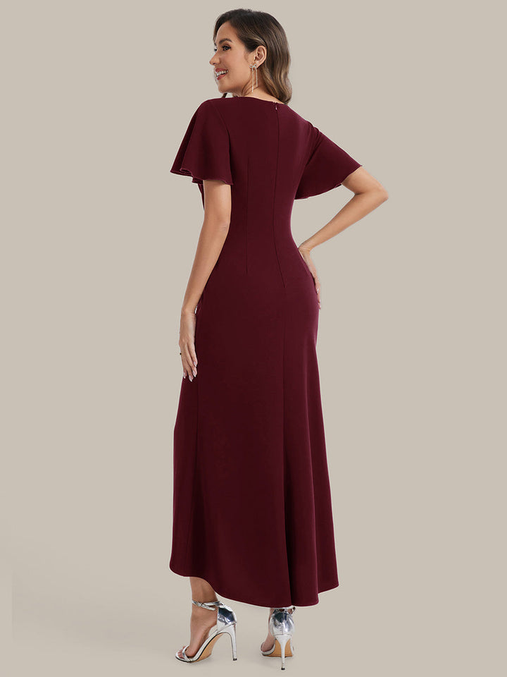 Thigh-High Slit Knit Ruffle Sleeve Wedding Guest Dress