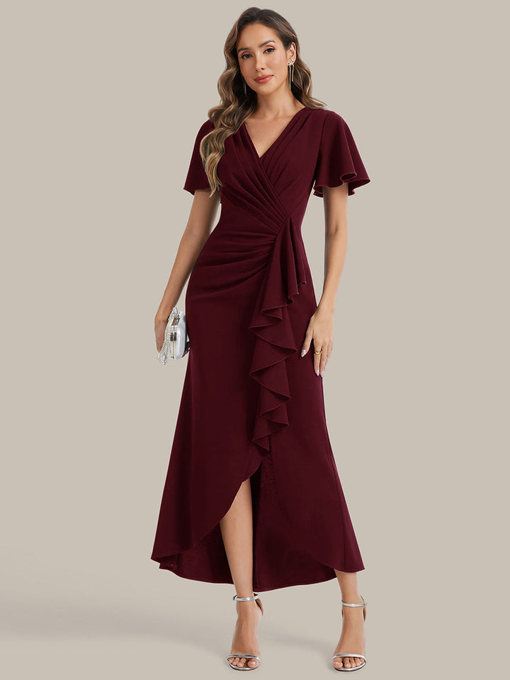 Thigh-High Slit Knit Ruffle Sleeve Wedding Guest Dress
