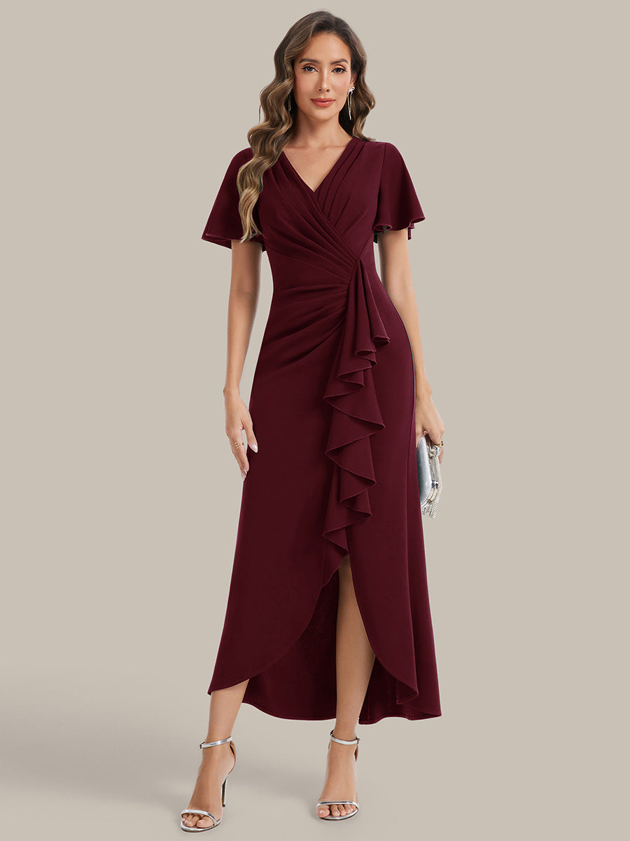 Thigh-High Slit Knit Ruffle Sleeve Wedding Guest Dress