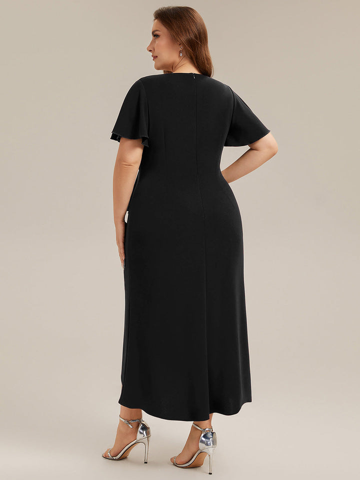 Thigh-High Slit Knit Ruffle Sleeve Wedding Guest Dress