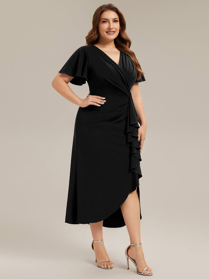 Thigh-High Slit Knit Ruffle Sleeve Wedding Guest Dress