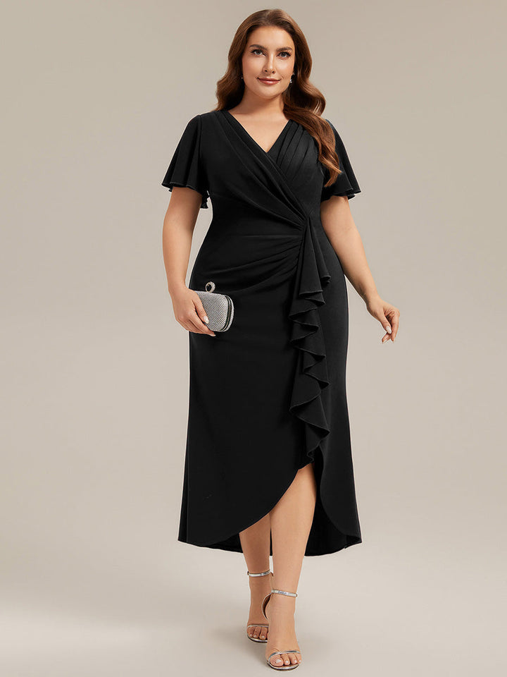 Thigh-High Slit Knit Ruffle Sleeve Wedding Guest Dress