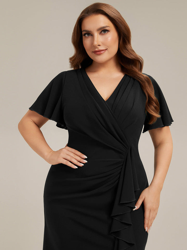 Thigh-High Slit Knit Ruffle Sleeve Wedding Guest Dress