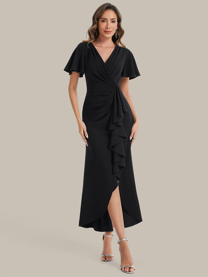 Thigh-High Slit Knit Ruffle Sleeve Wedding Guest Dress