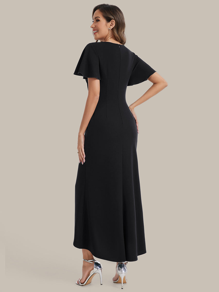 Thigh-High Slit Knit Ruffle Sleeve Wedding Guest Dress