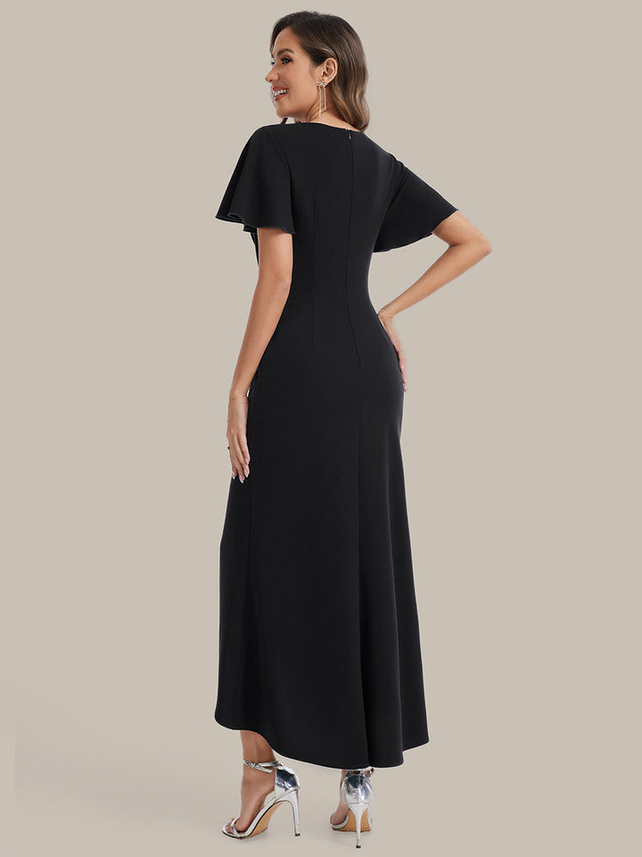 Thigh-High Slit Knit Ruffle Sleeve Wedding Guest Dress