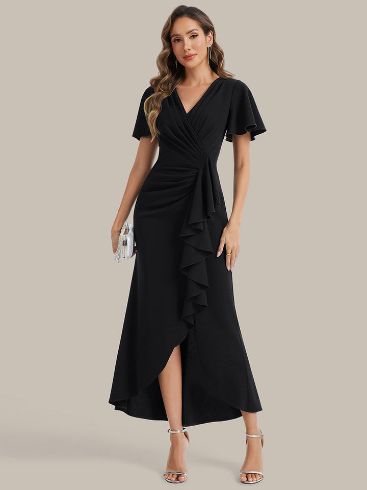Thigh-High Slit Knit Ruffle Sleeve Wedding Guest Dress
