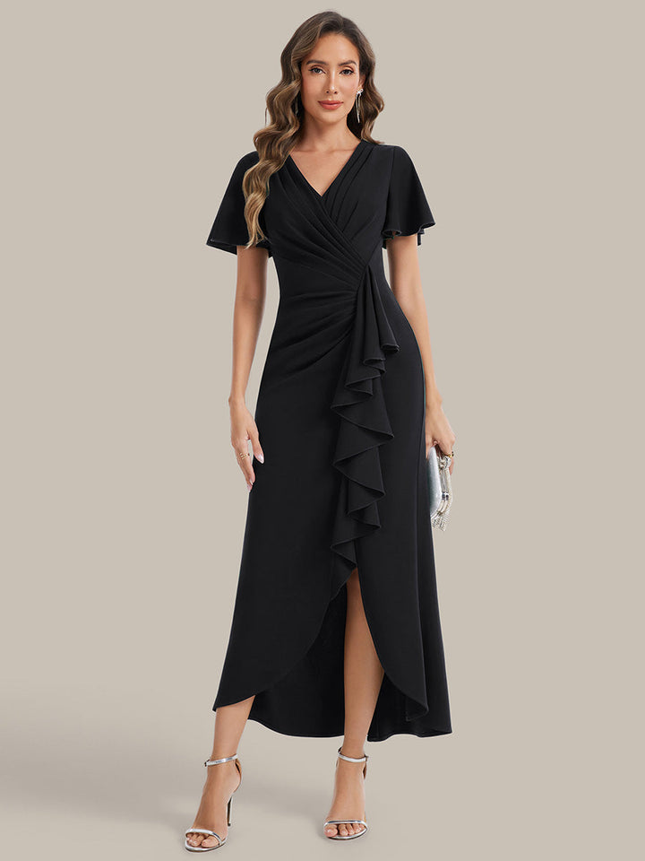 Thigh-High Slit Knit Ruffle Sleeve Wedding Guest Dress