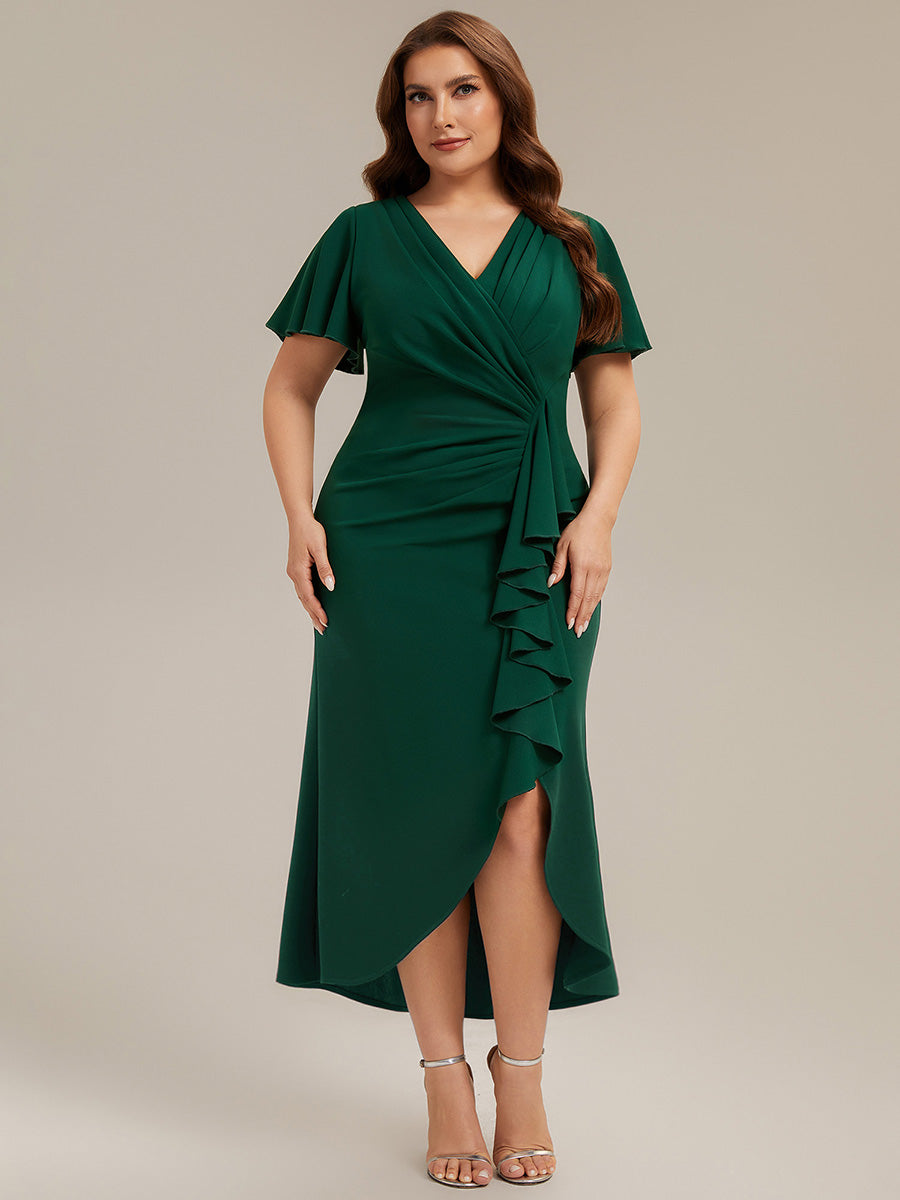 Thigh-High Slit Knit Ruffle Sleeve Wedding Guest Dress