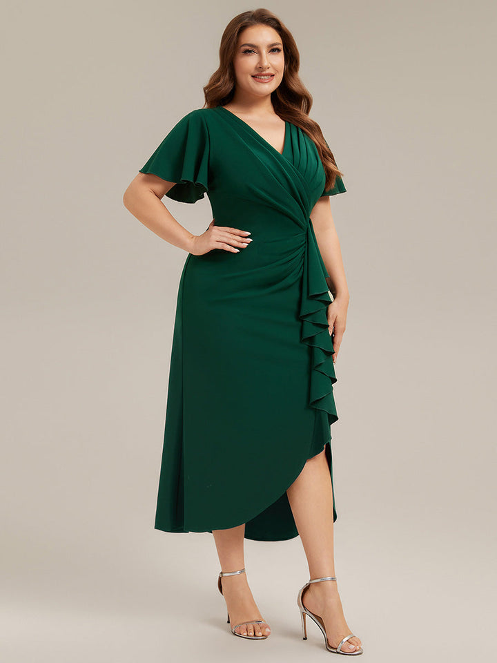 Thigh-High Slit Knit Ruffle Sleeve Wedding Guest Dress