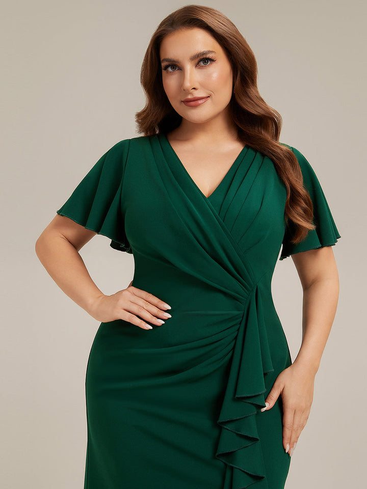 Thigh-High Slit Knit Ruffle Sleeve Wedding Guest Dress