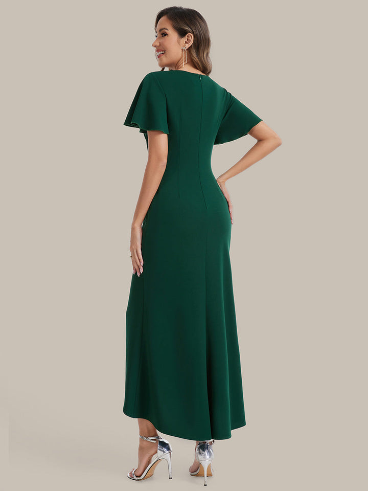 Thigh-High Slit Knit Ruffle Sleeve Wedding Guest Dress