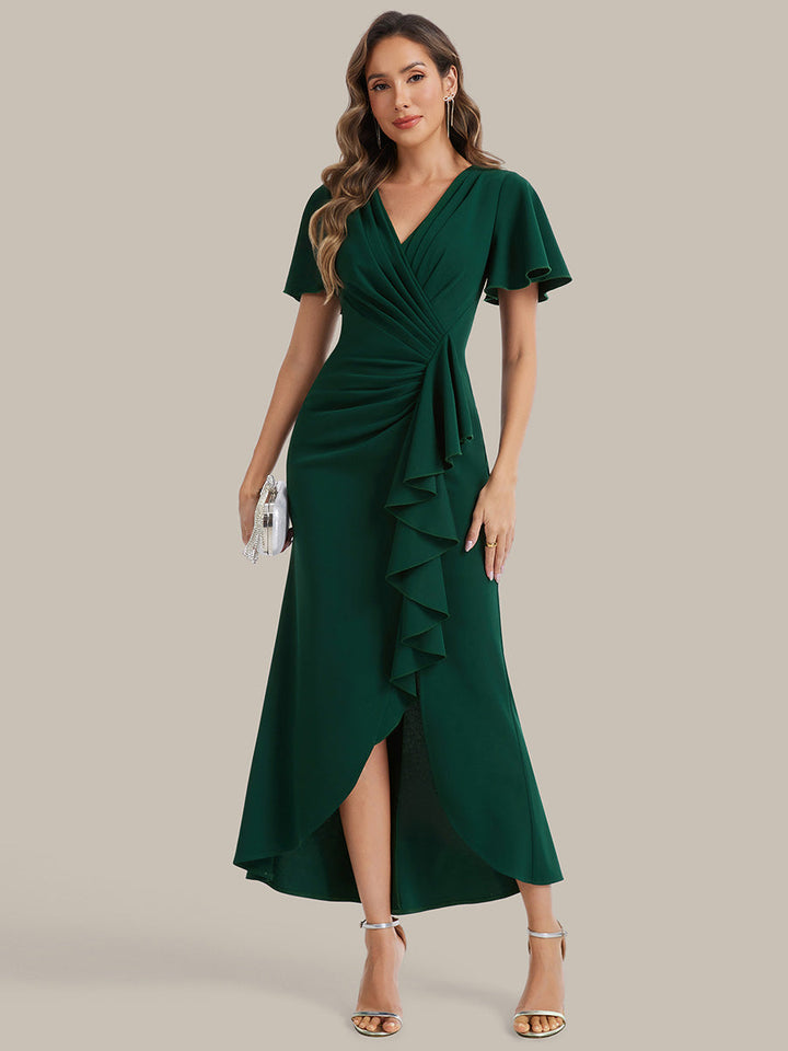 Thigh-High Slit Knit Ruffle Sleeve Wedding Guest Dress