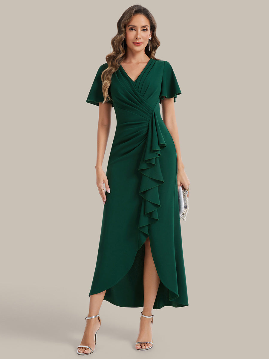Thigh-High Slit Knit Ruffle Sleeve Wedding Guest Dress