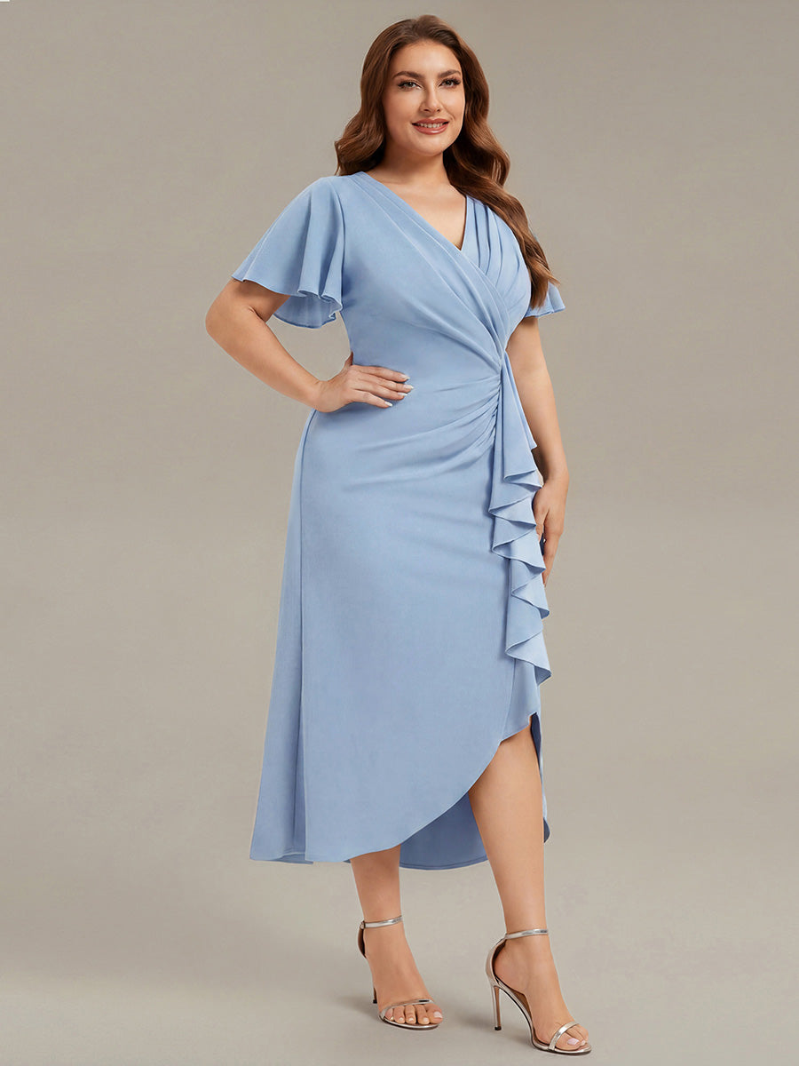 Thigh-High Slit Knit Ruffle Sleeve Wedding Guest Dress