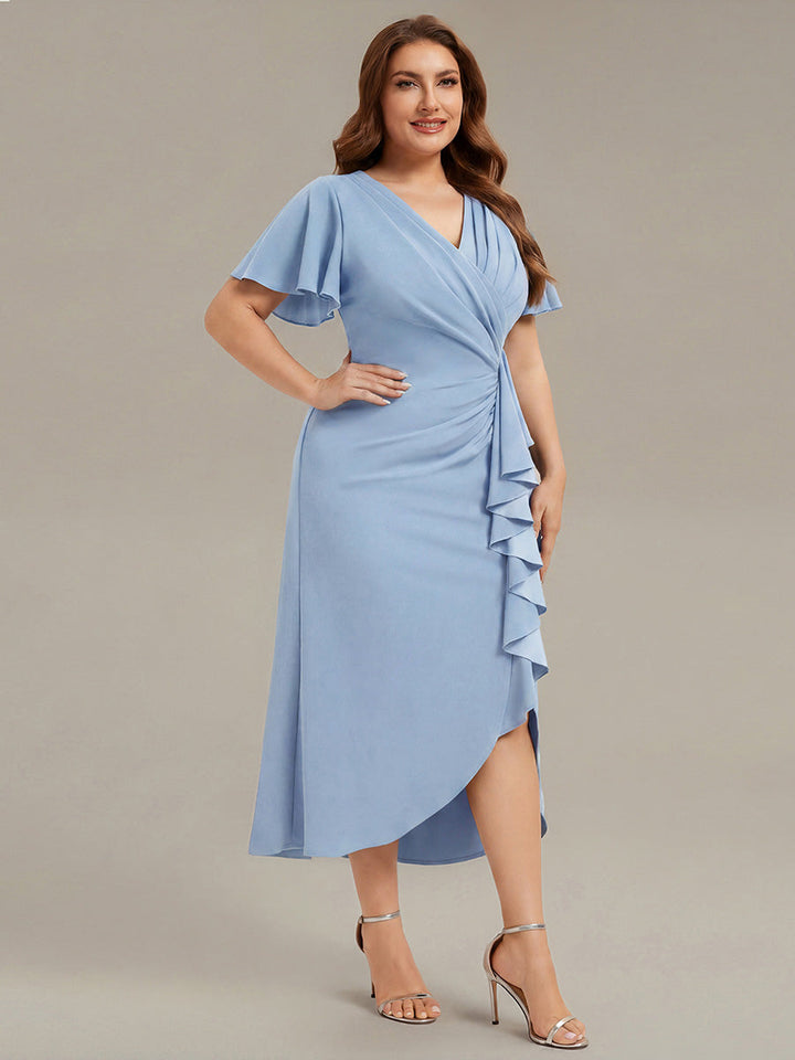 Thigh-High Slit Knit Ruffle Sleeve Wedding Guest Dress