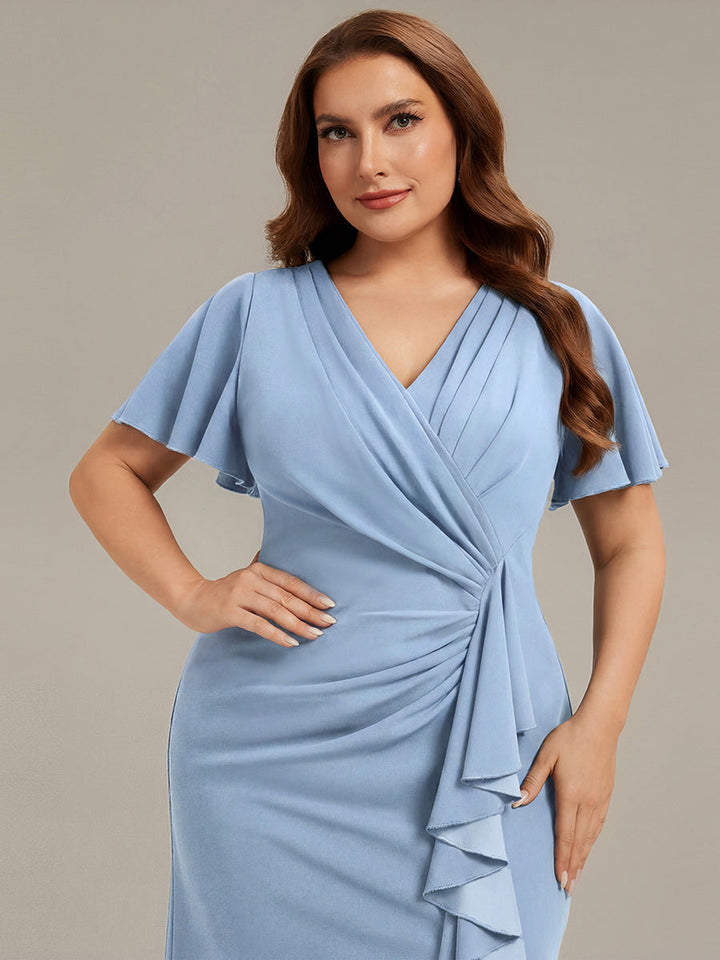 Thigh-High Slit Knit Ruffle Sleeve Wedding Guest Dress
