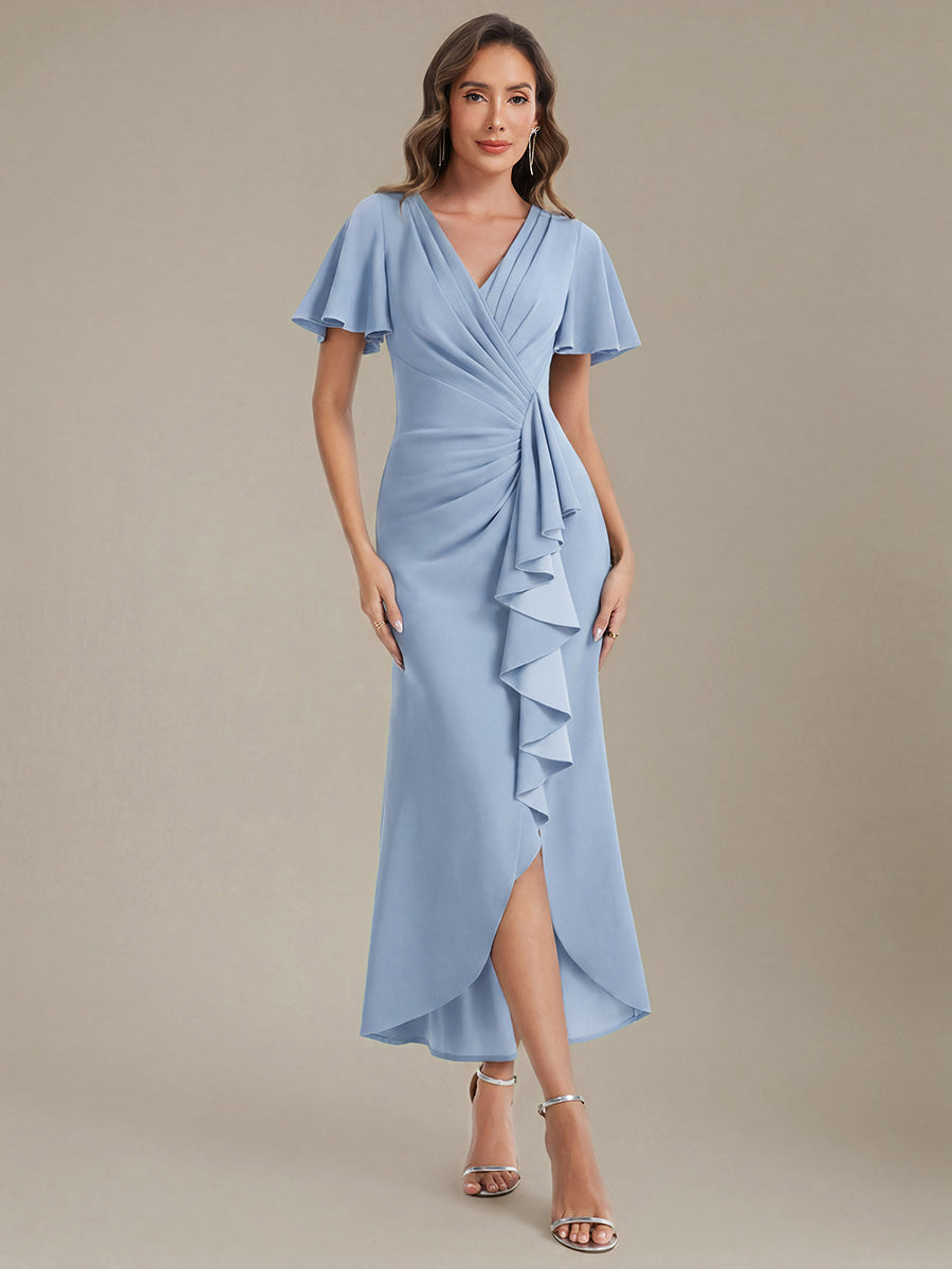 Thigh-High Slit Knit Ruffle Sleeve Wedding Guest Dress