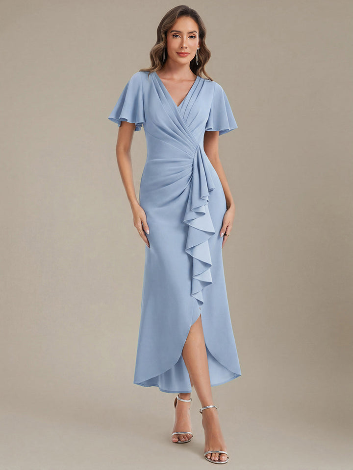 Thigh-High Slit Knit Ruffle Sleeve Wedding Guest Dress